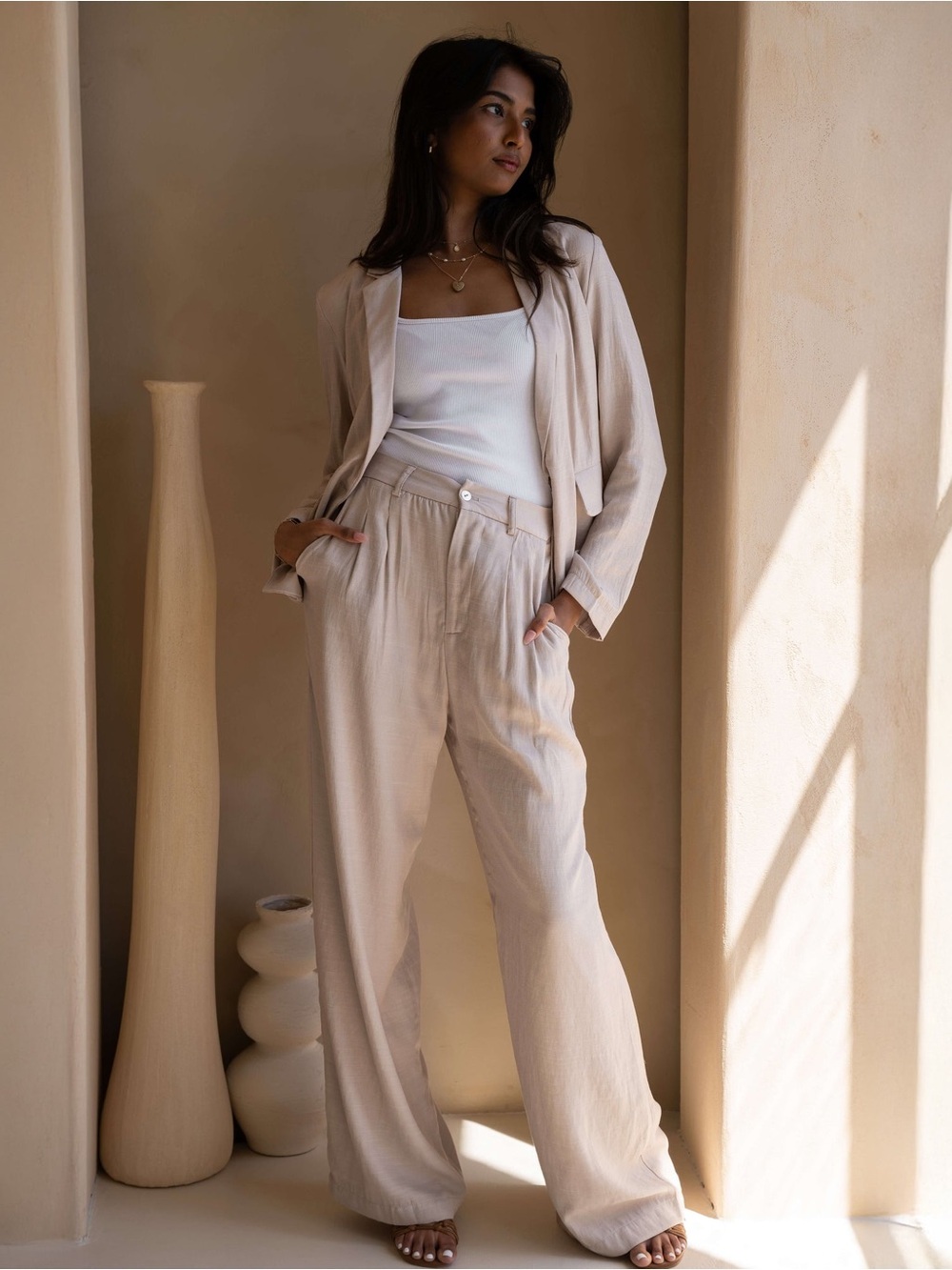 Wide-Leg Linen-Blend Pants in Beige